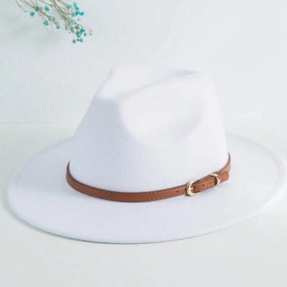 Fedora White Hat Unisex Classy Chic Men Women Buckle Strap - Picture 7 of 14